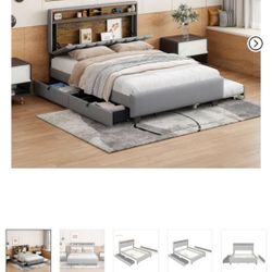 Full Size Upholstered Platform Bed with Storage Headboard, Twin Size Trundle, 2 Drawers and Sockets & USB Ports, 4L -ModernLuxe