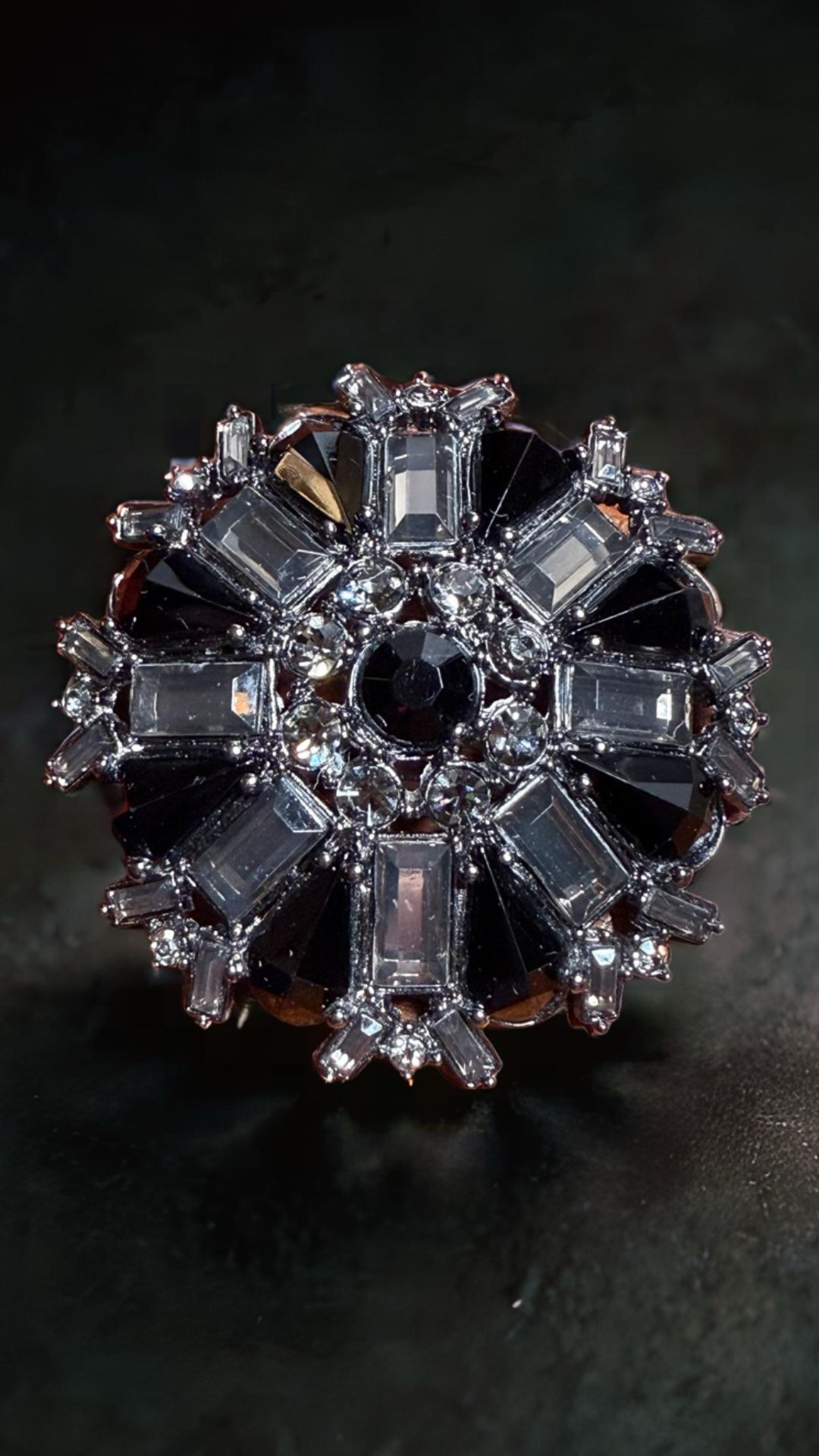 Vintage Black & Clear Rhinestone Burst Pin Brooch 2” diameter