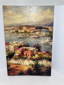 Mediterranean Harbor Oil Painting on Canvas
