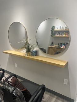 Wall Shelf And Two Metal Brass Round Wall Mirror