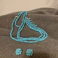 3 Strands Of Turquoise Colored  Beads With Matching Earring Cuffs
