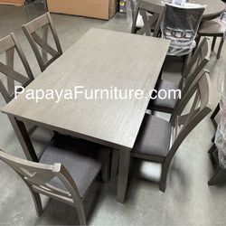 New 7Pcs Dining Set, Table And Chairs, Casual Dining Table, Chairs, Rectangular Table, Wooden Table, Grey Dining Set, Dinette Set, Table And 6 Chairs