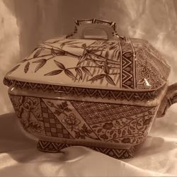 antique W.H. Grindley & Co. brown transferware tureen in the "Burmah" pattern