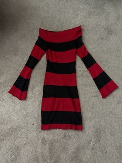 Red and Black Striped Off-Shoulder Knit Dress