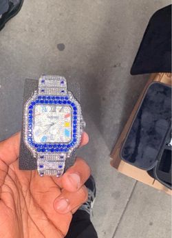 Iced Out Watch with Blue Stone Bezel