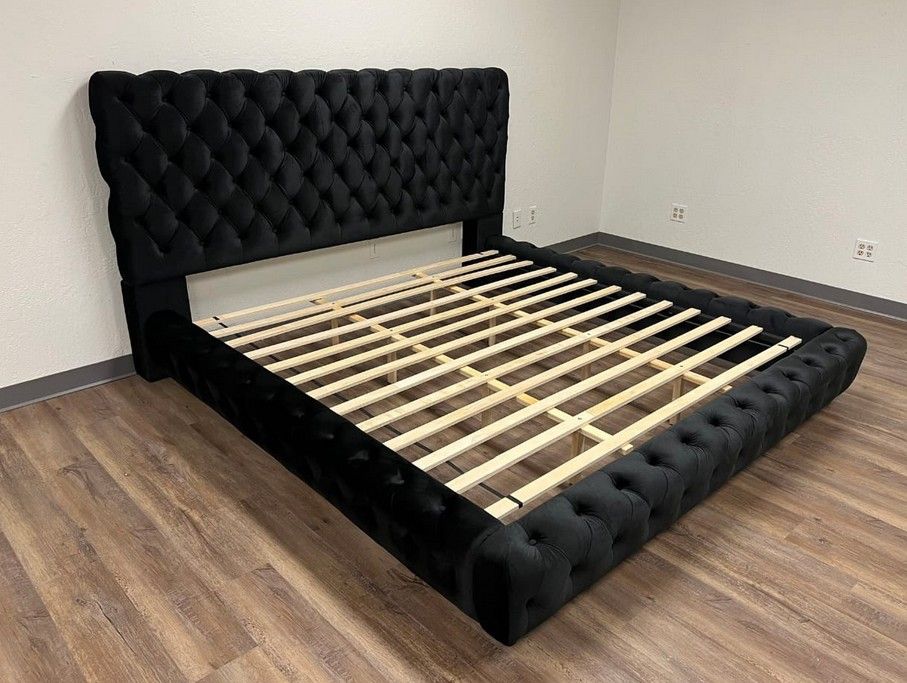 Black velvet platform Queen bed frame
