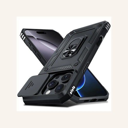 Case for iPhone 16 Pro,Heavy Duty Shockproof Full Body Protective Phone Cover, Built in Slide Camera Lens Cover, Finger Ring Stable Kickstand,Black