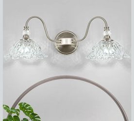 (Brand New in Box)  Brushed Nickel Bathroom Vanity Light, 2-Light Vanity Light with Floral Clear Glass Shades, Nickel Wall Mount Lighting for Bathroom