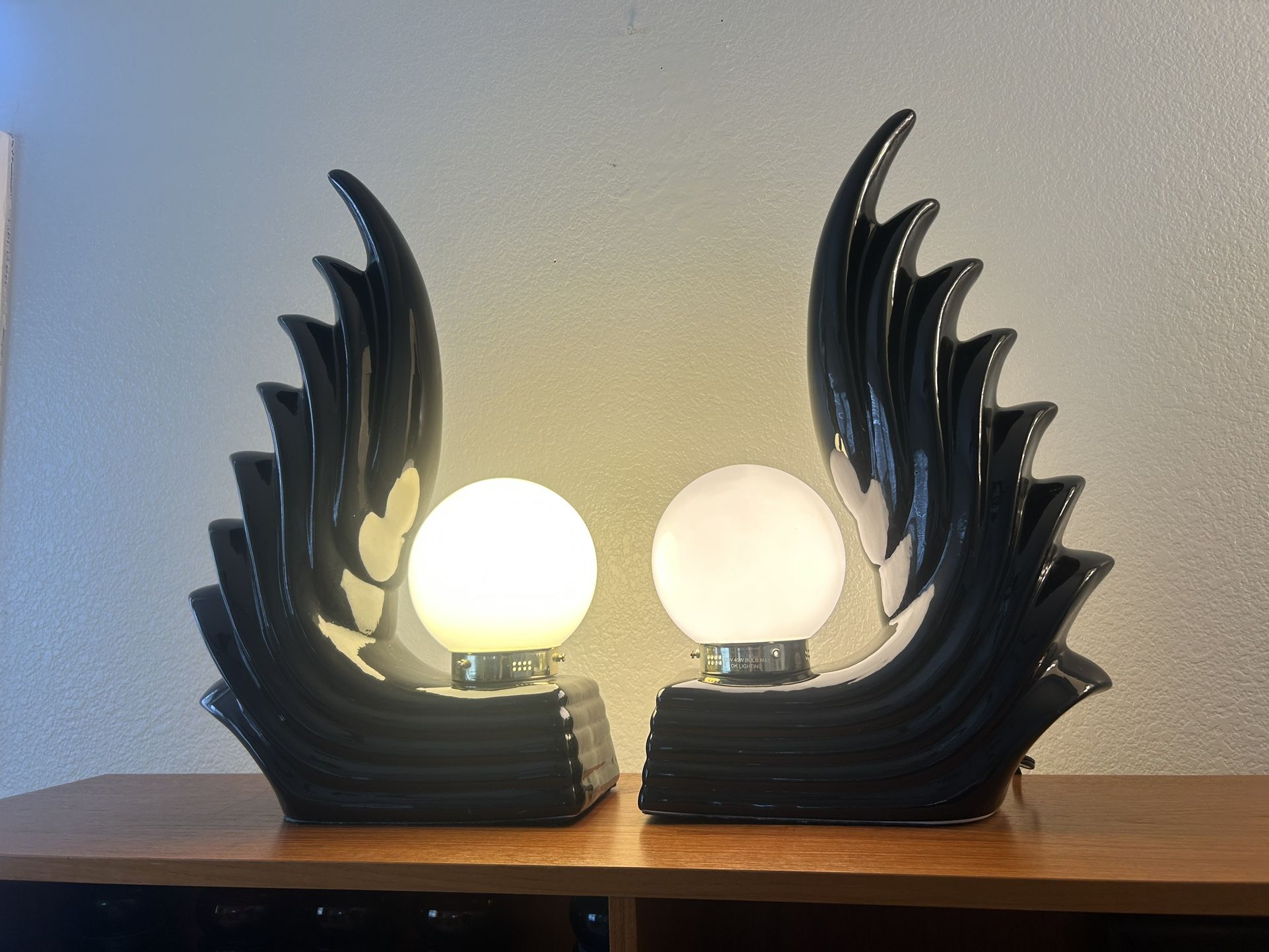 Art Deco Ceramic Wave | Wing Table Lamps | Sculptural Mid century