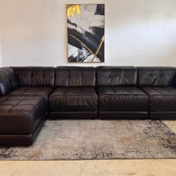 Brown Leather 4-Seater Modular Sectional Sofa with Ottoman
