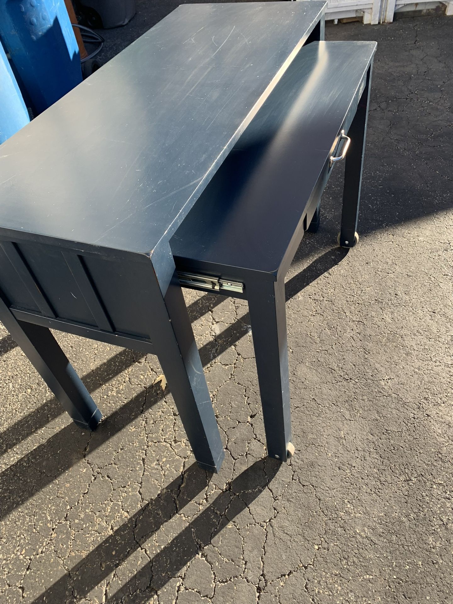 Pottery Barn Desk – Blue Expandable desk – 1 drawer Closed: 42 ½ W x 18D x 30 ½ H Open: 30D