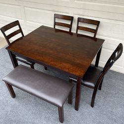 6-PC SMALL DINING SET (TABLE, PADDED BENCH AND 4 PADDED CHAIRS)