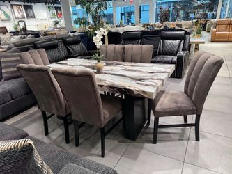 Faux Marble-Top Dining Table with 6 Upholstered Chairs