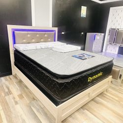  🛌 Queen Mattress Come With Bed Frame (Headboard & Footboard) With Light 💡 + Box Spring – Ready for Delivery Today!