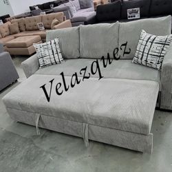 ✅️✅️grey corduroy fabric sofa futon pull out sleep area pop up chaise✅️