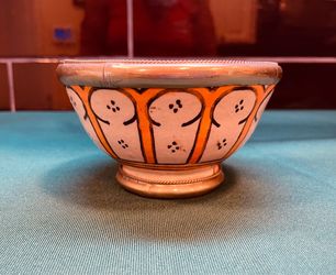 Beautiful vintage Moroccan ceramic footed bowl with silver edges