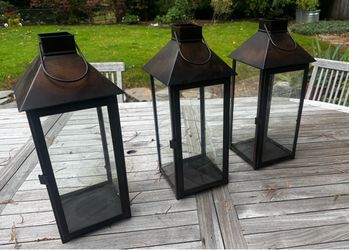 Set of 3 Crate & Barrel 17.5” Metal & Glass Lanterns
