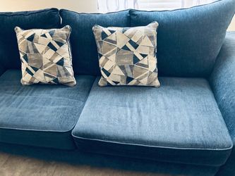 Blue Fabric Sofa with Accent Pillows