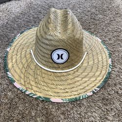 Hurley Straw Lifeguard Sun Hat w/ Tropical Leaf Brim & Chin Strap