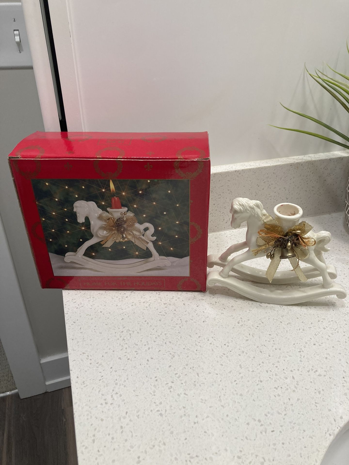 Home for the holidays white ceramic rocking horse candle holder