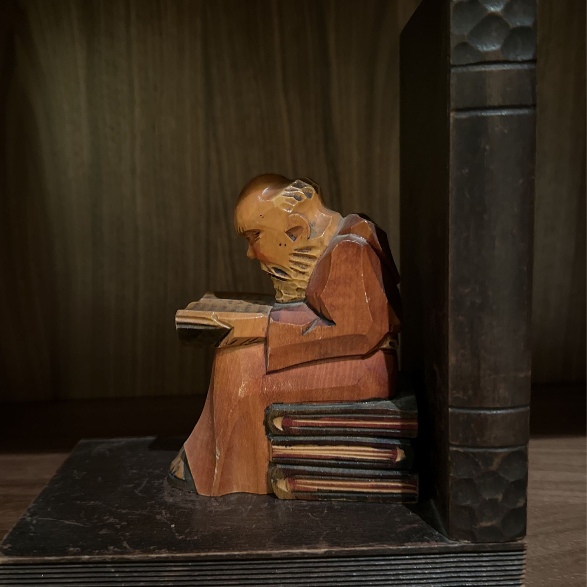 Vintage Pair of Hand-carved Wood Monks or Priests Reading Bookends
