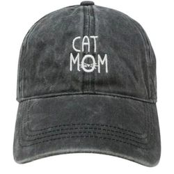 Cute Fun Soft Cat Mom Vintage Wash Ball Cap Hat in Grey Adjustable Size 