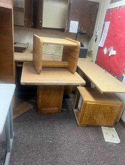 Solid Oak Teacher's Desk with Matching Chair & Storage Cabinet