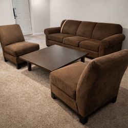Brown Microfiber Living Room Set – Sofa + 2 Chairs + Coffee Table”