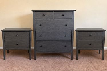 3 pieces- Crate & Barrel dark gray 5-drawer dresser and 2 night stands