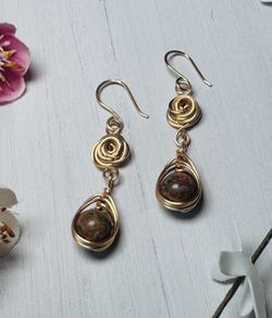 Gold Unakite Gemstone Earrings