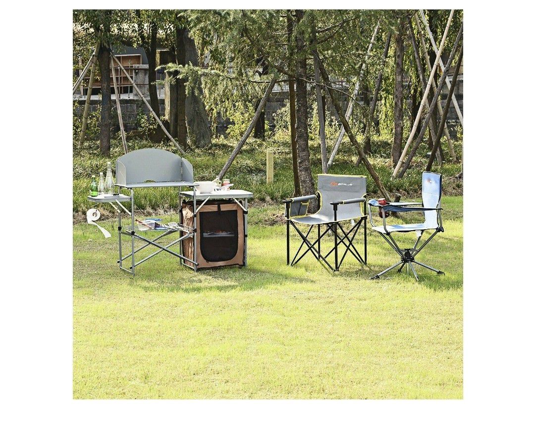 44 in. H White Rectangle Aluminum Picnic Outdoor Foldable BBQ Portable Grilling Table with Windscreen Bag