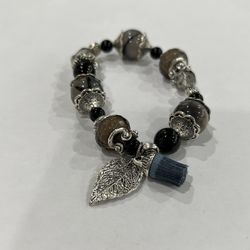 Silver And Brown Beaded Leaf Bracelet 