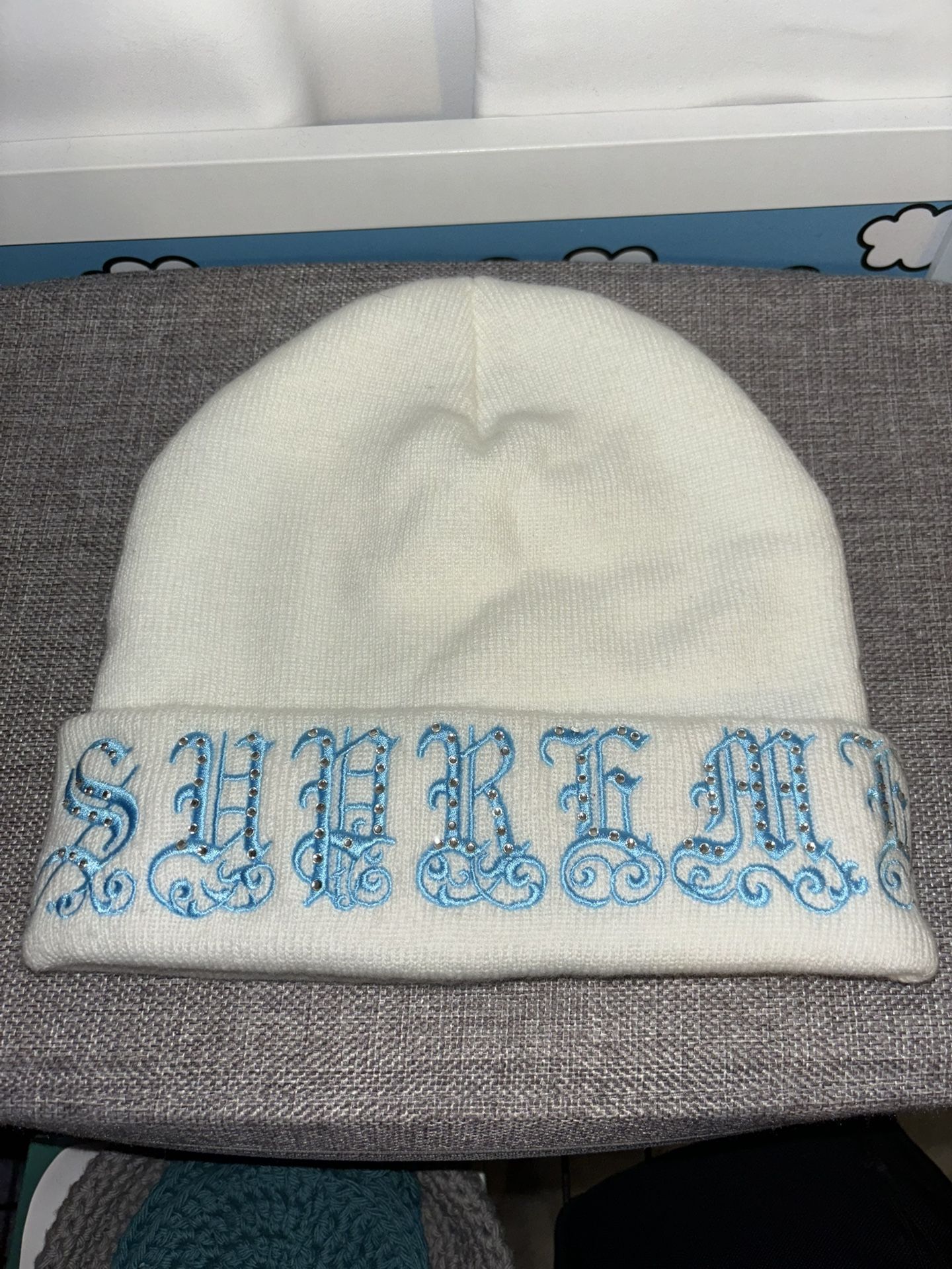 White Supreme Rhinestone Beanie