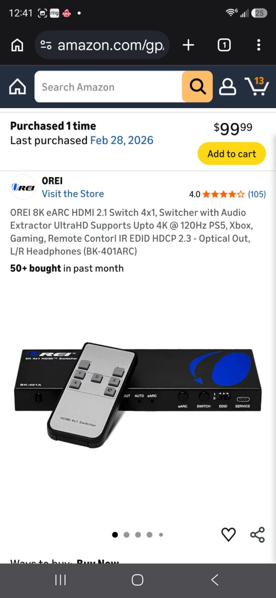 OREI 8K eARC HDMI 2.1 Switch 4x1, Switcher with Audio Extractor UltraHD Supports Upto 4K @ 120Hz PS5, Xbox, Gaming