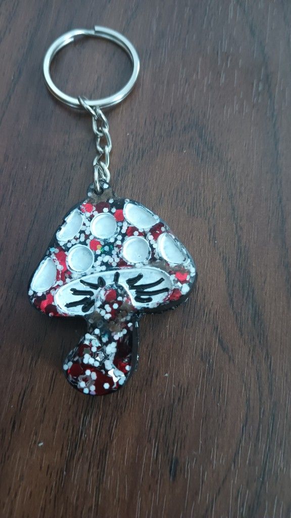 Handmade Red White Silver Glitter Resin Mushroom Keychain