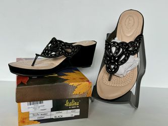 Italina Summer Rio Rhinestone Platform Wedge Sandal Black Size 11 New In Box