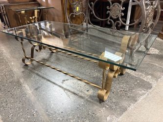Rectangular Hollywood Regency Style Scrolled Gold-Gilded Glass Top Coffee Table