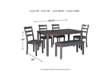 Bridson Dining Table and 3 Chairs and Bench - gray color