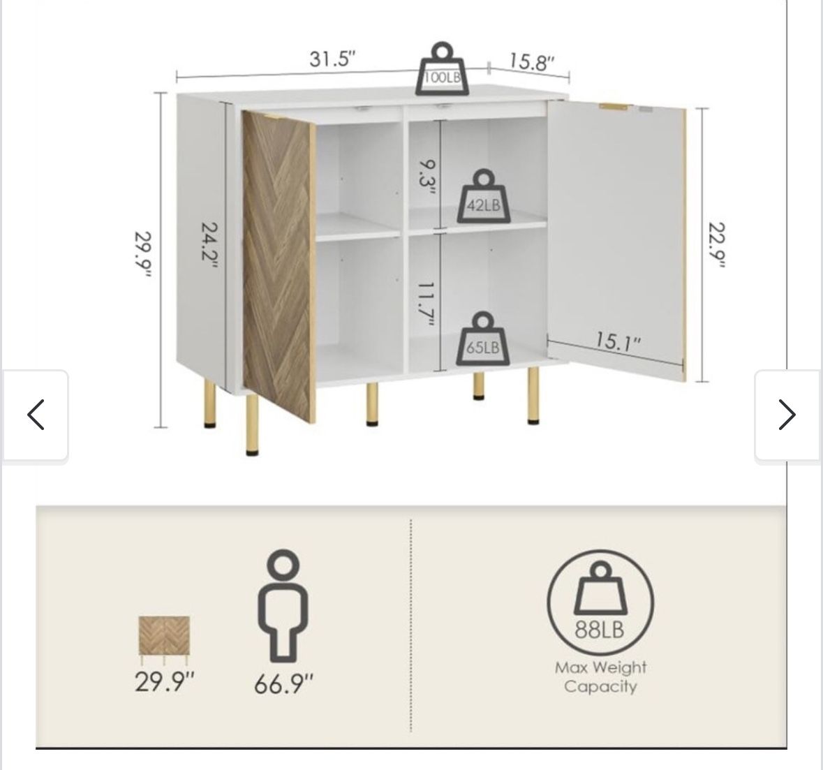 Sideboard Cabinet with Two Doors and Adjusting Feets for Living Room 31.2