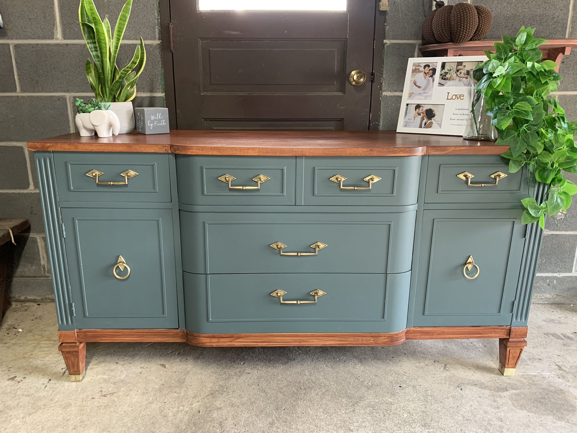 Refinished Mid Century Modern Green Buffet Table 