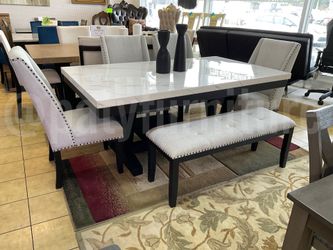 6-Piece Dining Table Set – Faux Marble Top – Bench & Chairs – $1,099