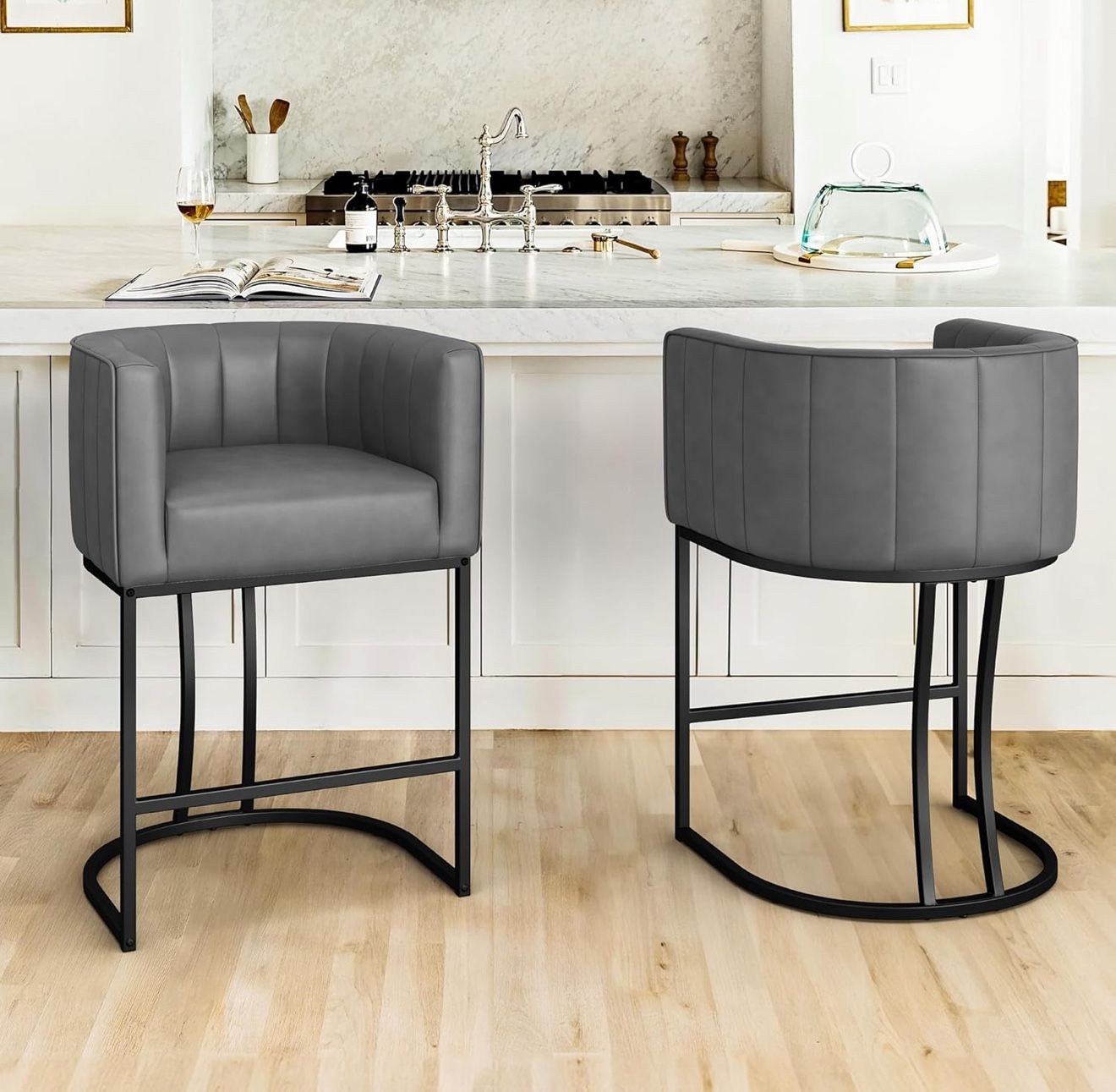 LUE BONA 26.4" H Counter Height Bar Stools Set of 2, Modern Barrel Counter Stools with Backrest and Arms, Black Metal Frame, Faux Leather Upholstered