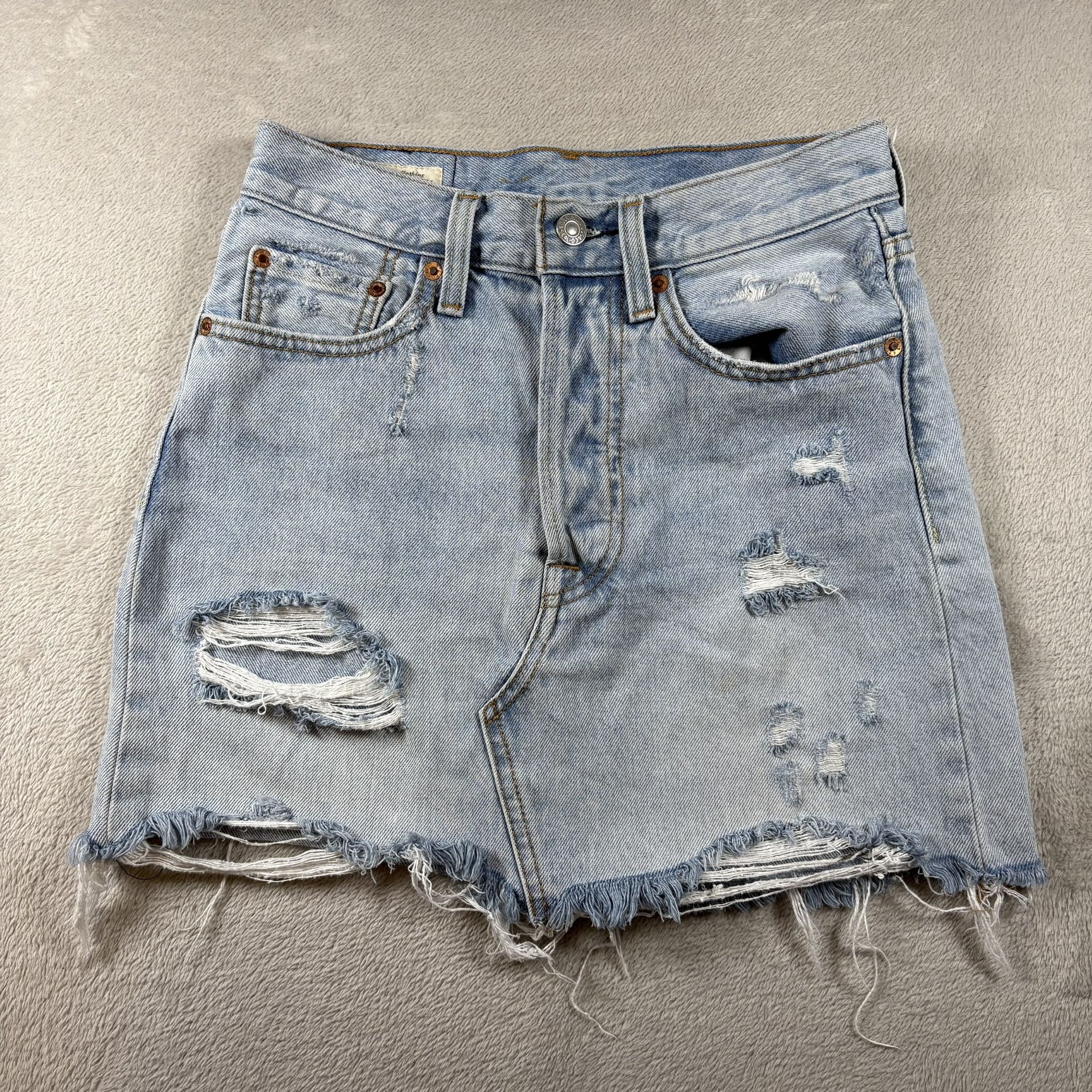 Levis Premium Denim Jean Skirt Women’s 24 Blue Distressed Button Fly Big E #756