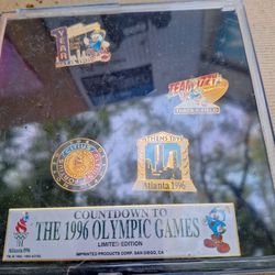 4 Collectible Pins From The 96 Atlanta Olympics In Display Case 