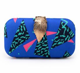 Stylish Hard Shell Clutch | Blue Geometric Print | Gold Leaf Clasp | New