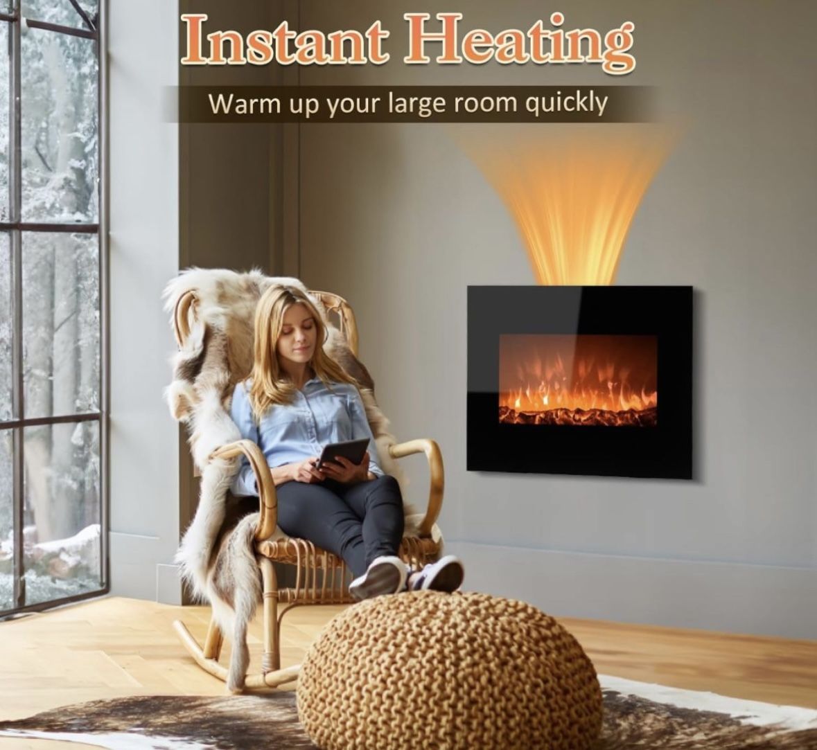 Wall Mounted Electric Large Fireplace Heater 1500 Watt Black