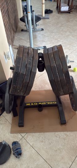 Gold’s Gym Weight Plate Rack + Cast Iron Plate Set