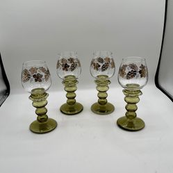 Vintage German Timer Wine Glasses Olive Green Stem And Clear Bowl Set Of 4