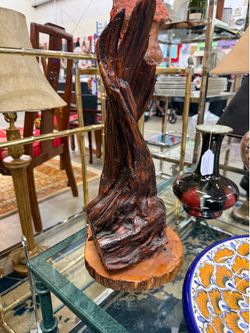 Vintage Driftwood Abstract Lacquer Polished Sculpture Mounted on Wood Base 18in