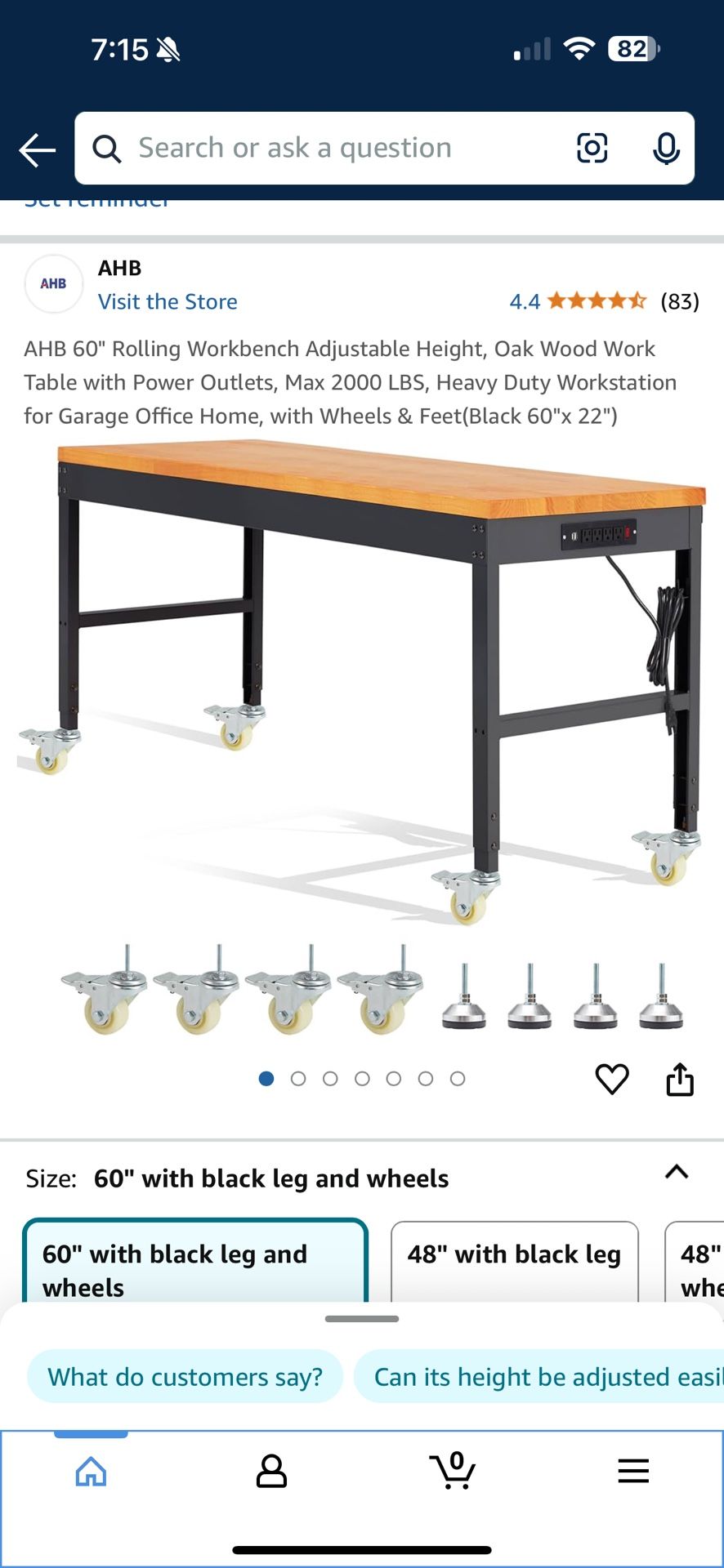 AHB 60" Rolling Workbench Adjustable Height, Oak Wood Work Table